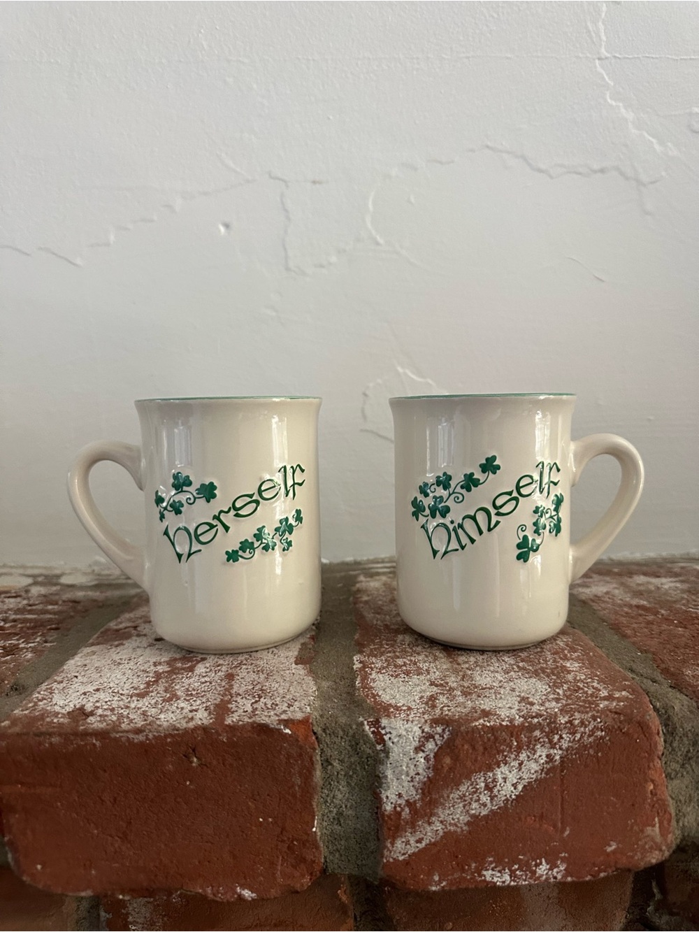 Cream Ceramic 'Herself' and 'Himself' Mugs with Green Trim